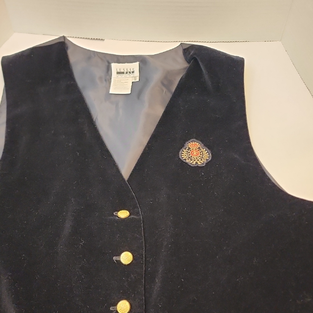 Leslie Fay Vintage Navy Velvet Vest Gold Buttons 2 Actual Front Pockets 4" Deep